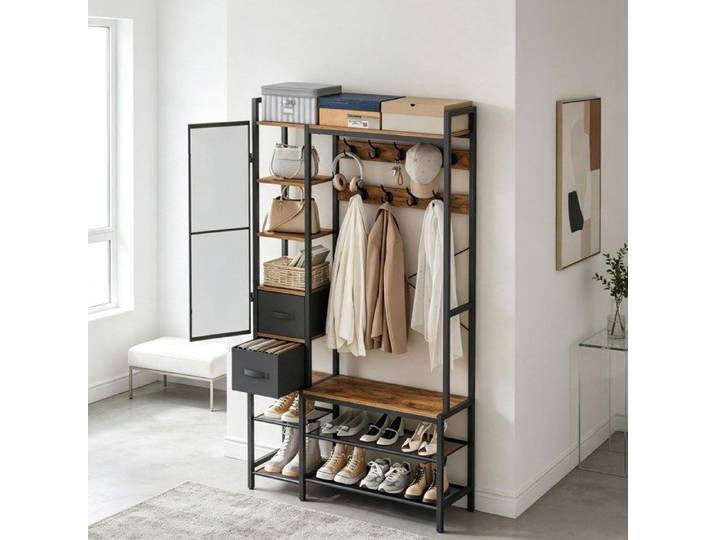 MEULVA Vestiaire d'entrée 6-en-1 avec miroir banc 9 patères doubles et rangement chaussures