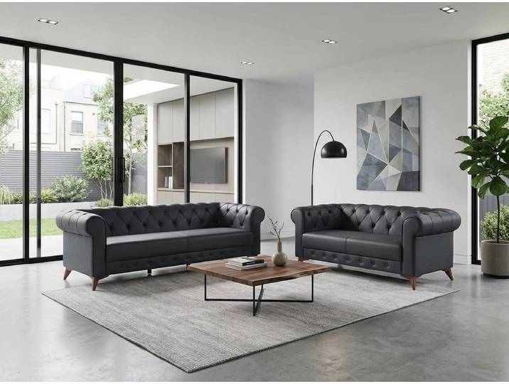 JVmoebel Chesterfield-Sofa Chesterfield 3-Sitzer-Sofa 2-Sitzer-Sofa klassisch Leder silbergrau, 2 Teile