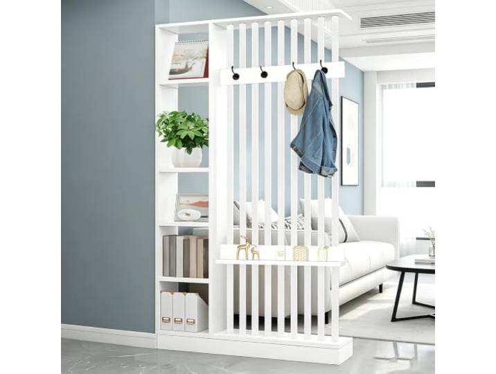 Raumteiler mit Regalen, Trennwand für den Eingangsbereich, Säule vom Boden bis zur Decke – freistehender Raumteiler mit Ablagefach, freistehende Dekoration für Schlafzimmer (B White + White, 120cm)