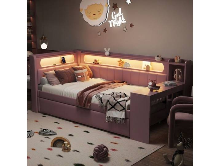 Lit canapé rembourré 90x200 rose avec ports USB éclairage LED lit gigogne et bureau intégré