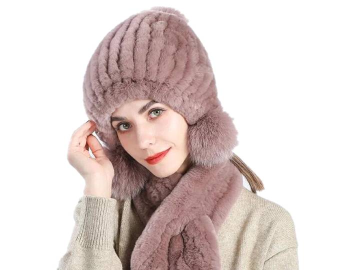 Hiver tricoté 100% naturel Rex fourrure de lapin chapeau écharpe ensemble dame femmes mode moelleux tricoté chaud casquette silencieux