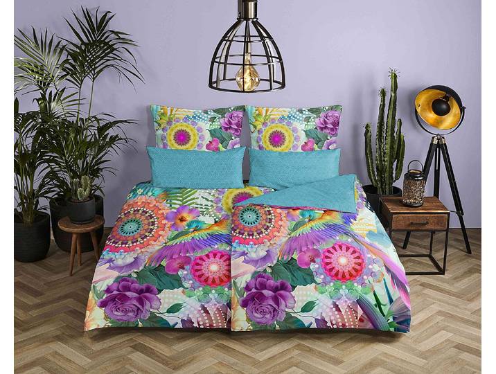 Renforce Bettwäsche Aviva 135 x 200 cm + Kissen 80 x 80 cm Blau/Weiß/Multicolor