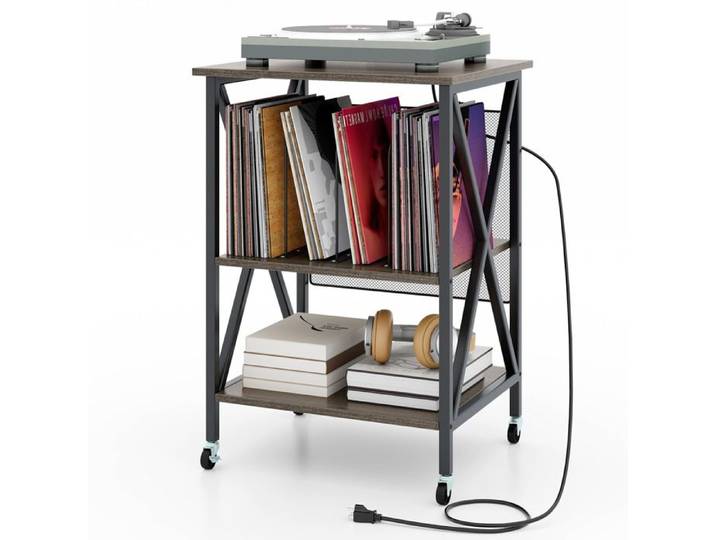 GOPLUS Petit Meuble de Rangement Roulant pour Tourne-disque et Disques Vinyles à 3 Niveaux avec Station de Charge Intégrée-Gris