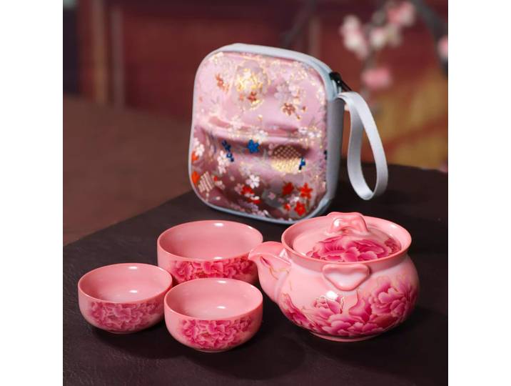 Rose Ru four saindoux gelée pivoine service à thé de voyage tasse d'invité rapide un Pot et trois tasses service à thé Kung Fu Portable en plein air