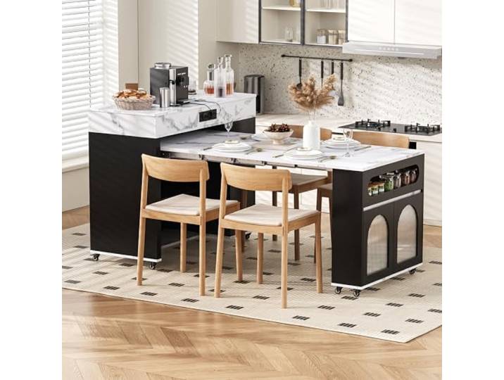 Merax Kücheninsel Freistehend mit Ausziehbare Arbeitsplatte, Küchenwagen mit Steckdosen, Sideboard mit Rollen & & Schubladen, Marmoroptik, Küche & Esszimmer, 71x75(121) x93cm, Schwarz