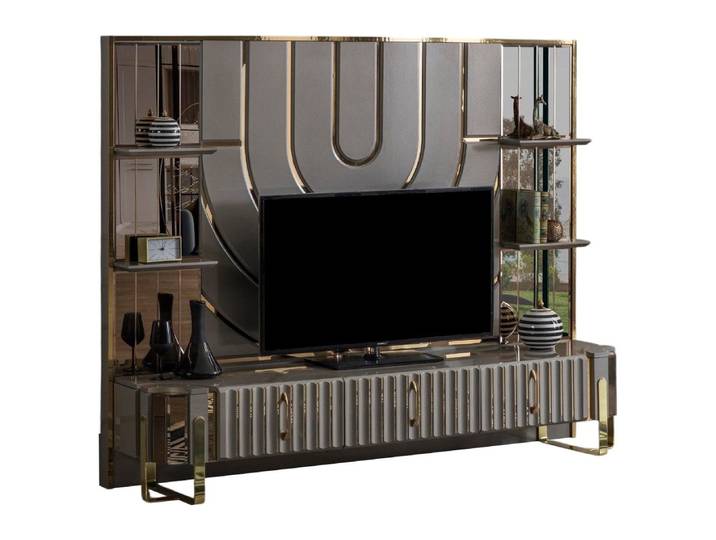 Xlmoebel TV-Wand Luxus TV-Bank aus Holz in Gold und Grau für elegantes Wohnen, (2-St., TV Ständer + Rückwand), Hergestellt in Europa