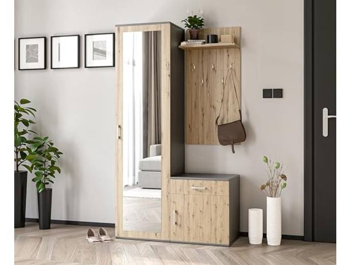 AXLIVING Garderobe Magnola 100 cm Grau, Spiegel Zwei zusätzliche Ablagefächer (50 cm breit). Praktische Schublade (12 cm hoch). Kleiderstange. Optimale Stauraumlösung.