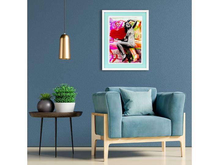 Bild mit Rahmen QUEENCE Frau, Herz, Liebe , blau (farbe rahmen: weiß, farbe bild(er): türkis), B:30cm H:40cm T:2cm, Acrylglas, Holz, Bilder, Bild mit Rahmen, Poster mit buntem Acrylglas Passepartout