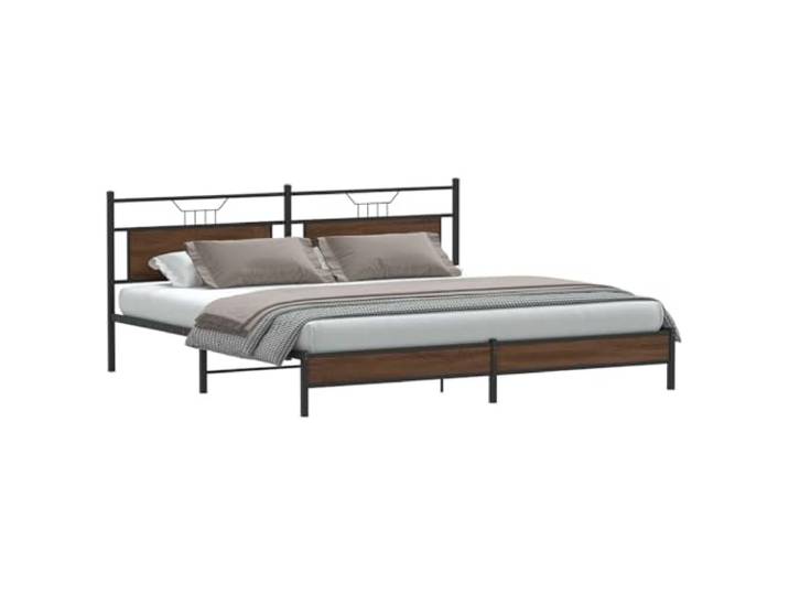 KTHLBRH Bettgestell aus Metall Eiche Braun 193 x 201 cm Lattenrost, Kopfteil inklusive, Stauraum, Stahl und Spanplatte