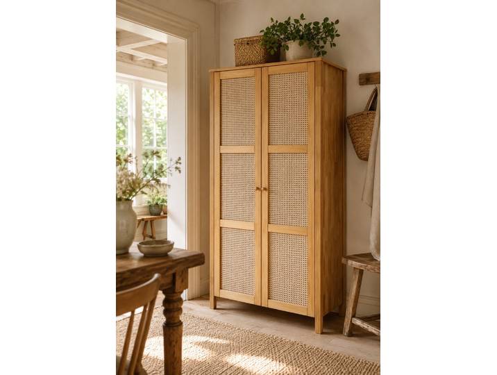 Kleiderschrank GOODPRODUCT Hällevik Eiche - aus FSC Massivholz, Wiener Geflecht , braun (eiche natur), B:106cm H:200cm T:60cm, Massivholz, Schränke, Kleiderschrank, Türfronten mit Wiener Geflecht, FSC Zertifizierte massive Eiche