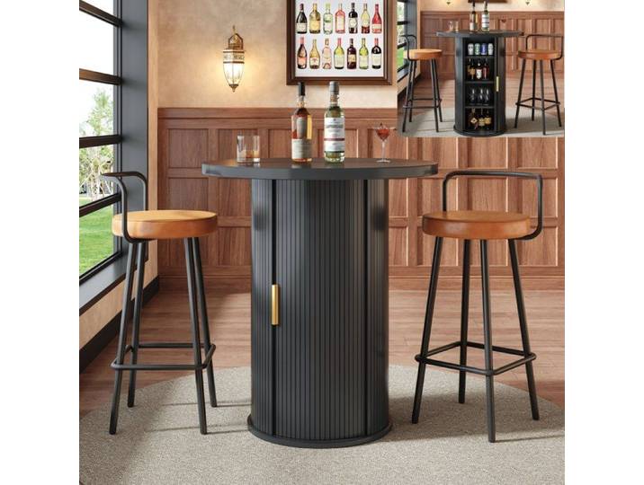 Ensemble de Table à manger ronde avec 2 tabourets de bar Table à manger haute Table de bar avec rangement et 2 chaises - noir