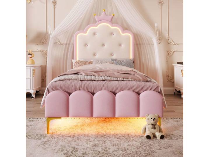 Lit enfant fille 90x200 cm - Lit Rembourré simple avec LED - Rose