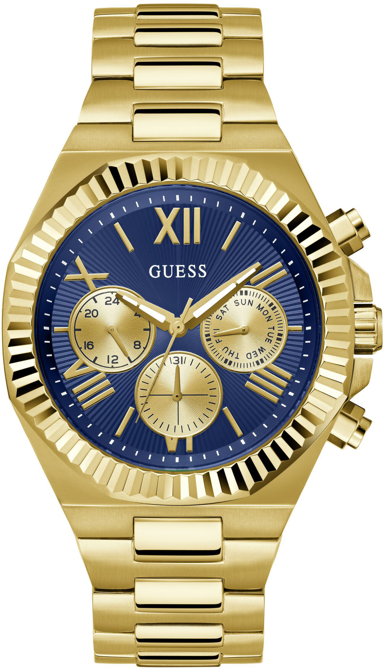 Multifunktionsuhr GUESS "EQUITY", gold (goldfarben, blau, blau), Armbanduhren, Herren, goldfarben, Multifunktionsuhr, Armbanduhr, Quarzuhr, Herrenuhr, Edelstahlarmband