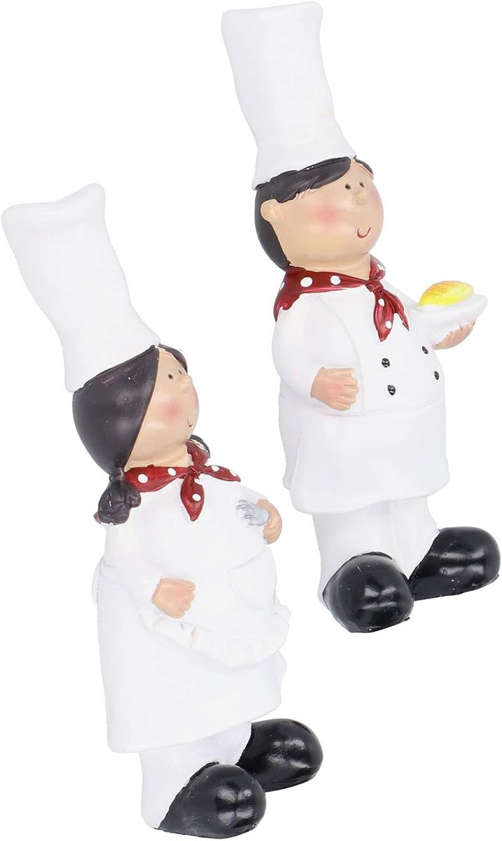 Handgemaakt Chef-kok Beeldje Paar Multicolor - Keuken Decoratie - Hoogte: 16 cm
