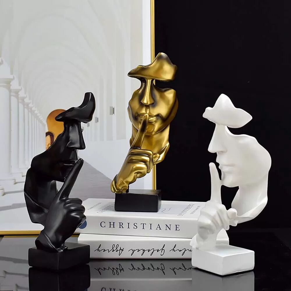 INF Abstrakte "Schweigen ist Gold" Skulptur aus Kunstharz – Dekorative Figur für Büro und Wohnraum Weiß