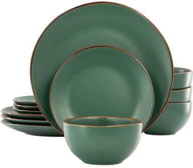 Gibson Home 12 Piece Everyday Use Round Stoneware Dinnerware Set in Matte Green