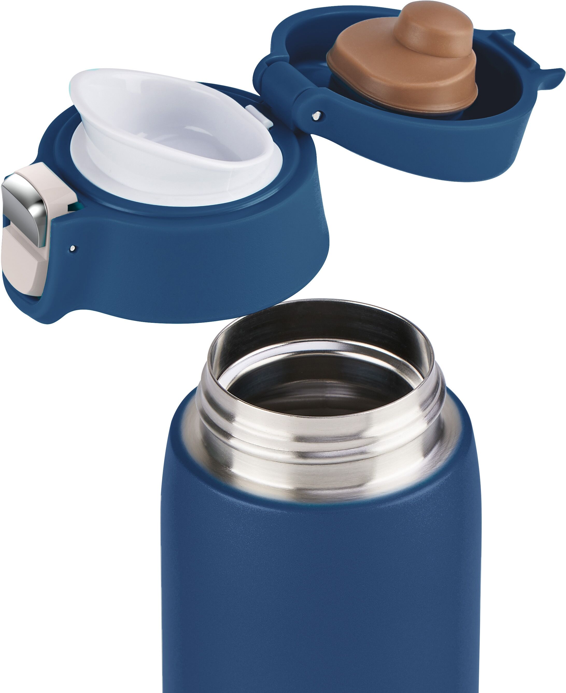 Thermobecher EMSA "Travel Mug", blau, H:19,6cm Ø:6,6cm, Edelstahl, Kunststoff, Trinkgefäße, Thermobecher, 0,4L, leicht, Edelstahl, Klappverschluss, 100% dicht, 8h heiß/16h kalt