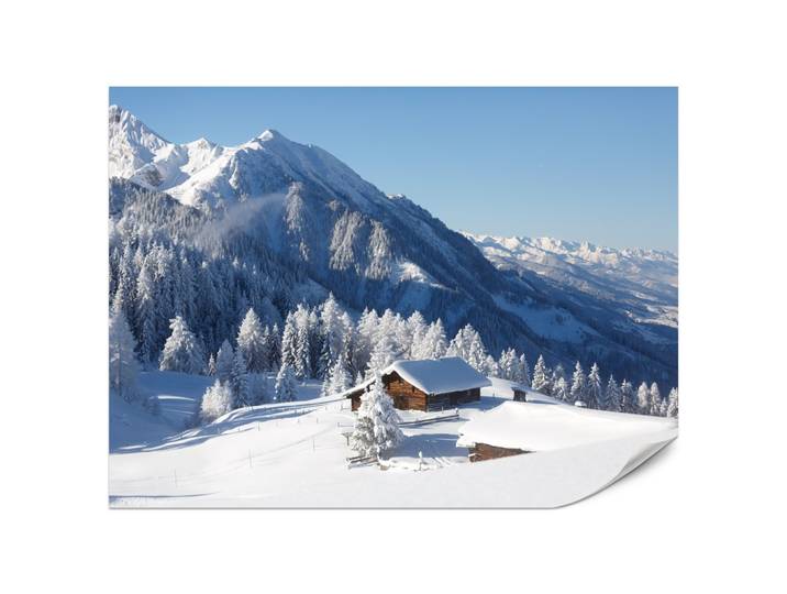 FOTOTAPETE für Wohnzimmer Holzene Hütte Berge Bäume Winter 200x140