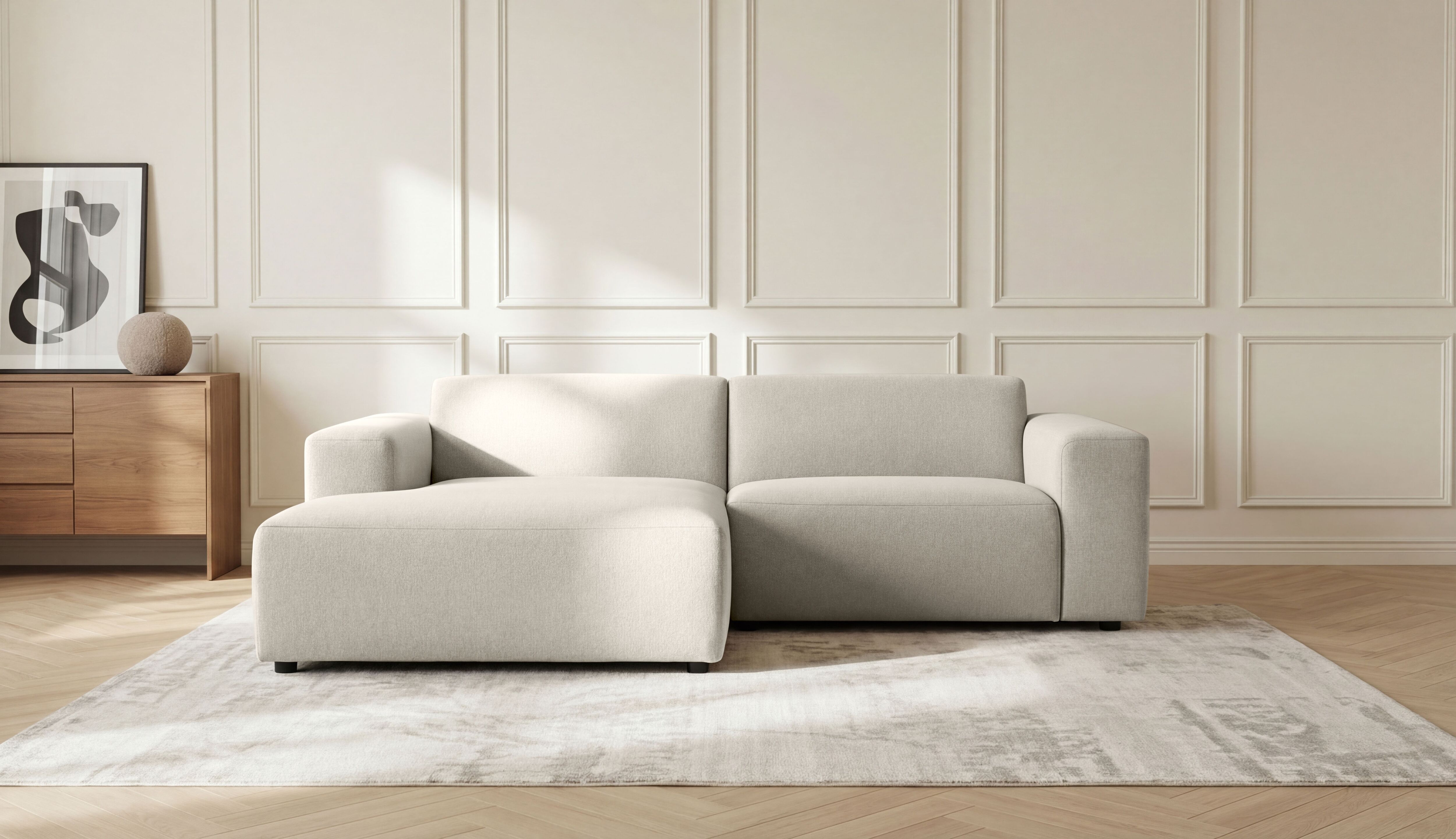 Ecksofa GOODPRODUCT "Koa, 228 cm, L-Form, Modulsofa in Cord, Chenille, Struktur, Webstoff", weiss (weiß), B:228cm H:88cm T:159cm, 100% Polyester, Sofas, Ecksofa, Designsofa, weicher Lounge-Sitzkomfort, Welleunterfederung, bodentief weiß B/H/T: 228cm x 88c