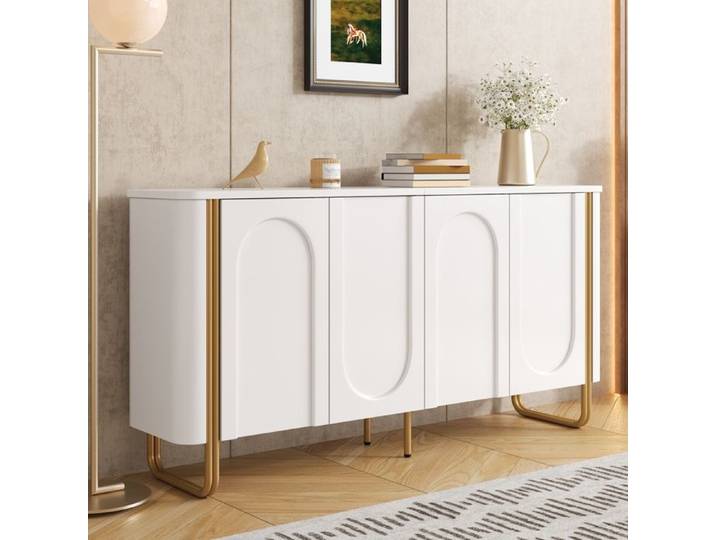 Buffet Bas Meuble de Rangement Buffet 4 Portes avec Relief Arqué en MDF pour Salon Buffet Blanc 160 cm