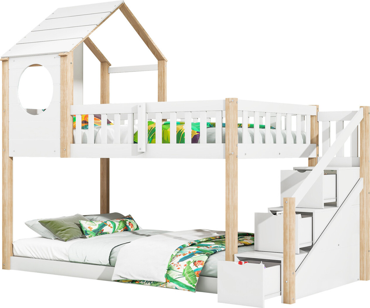 Baumhaus Kinderbett(Weiss+Natur)Doppelbett,Kinderbett in Hausform, Ins und aus dem Bett kommen,Leiterschrank, Kiefernholz Haus Bett for Kids