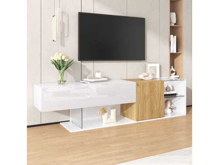 LPOSPI Meuble TV 180 cm avec rangements et étagères en verre pieds en bois finition partiellement brillante - 180x38x48 cm blanc.