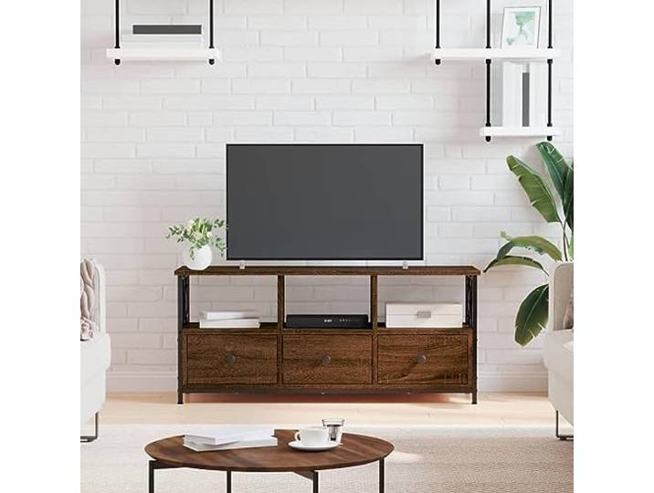 HEFZGDB TV-Schrank Braun Eichen-Optik 102x33x45cm Holzwerkstoff & Eisen mit 3 offenen Fächern und 3 Schubladen für Stauraum Industrial Style Möbelstück