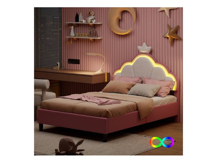 Gdood Polsterbett Kinderbett LED Prinzessinnenbett Kronenform (Set, Verstellbare Kopfteilhöhe, Sehr gut geeignet für Mädchen), inkl. LED-Beleuchtung, Samt, 140x200 cm