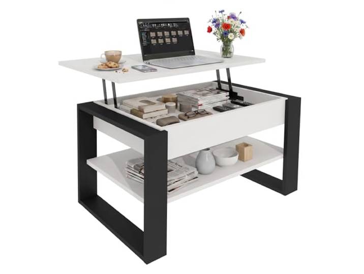 CraftPack Wohnzimmertisch 92 cm mit Liftfunktion und Stauraum Moderner Couchtisch Weiß/Schwarz