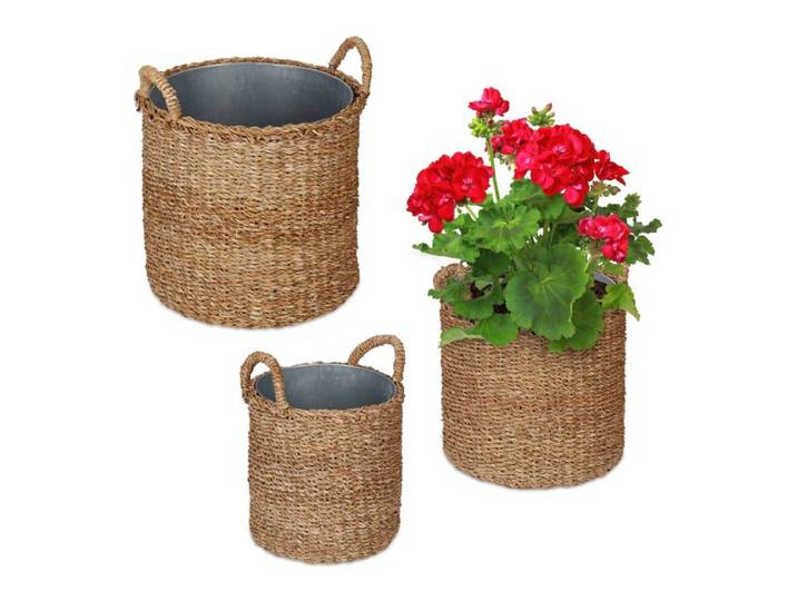 Relaxdays Pot de fleur rond en zostère lot de 3