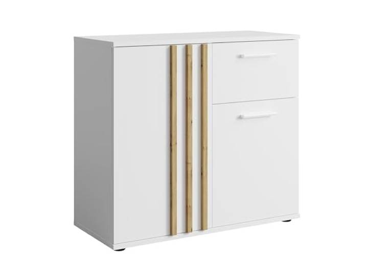 AX Living Kommode Turell 80 cm Artisan Eiche 2 Türen, 3 Fächer + 1 Schublade. Maße: 80 cm (B) × 73 cm (H) × 35 cm (T). Farbe: Weiß mit Lamellen in Artisan Eiche.