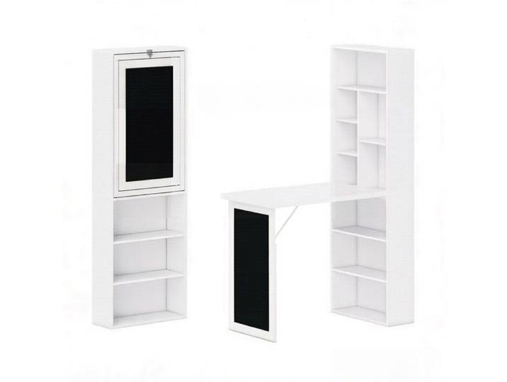 Bureau mural rabattable avec tableau noir intégré bibliothèque et rangements gain de place 98x51x153 cm bois JOINERY