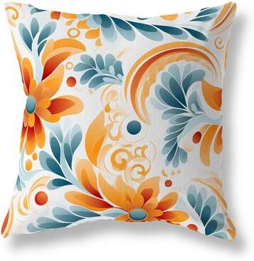 Amrita Sen Designs Blue And Orange Wildflower Whispers Faux Suede Throw Pillow