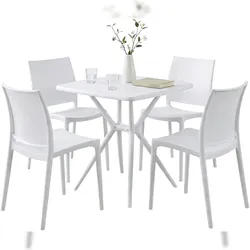 DELUKE Gartenmöbel-Set GRETA mit 4 Stühlen 156x156x81cm, Kunststoff, Weiß Balkonset Gartenset Tisch mit Stühlen Bistroset Outdoor
