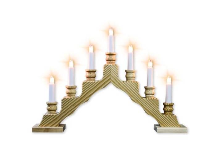 WEIGLA - Schwedenleuchter original Erzgebirge I Trendiger Schwede Natur I LED I Schwibbogen Weihnachten I 7 Lampenkerzen + 1 Ersatzlampe I 7 x 34 V, 0,2 W, E10 I Weihnachtsdeko innen I Kiefernholz