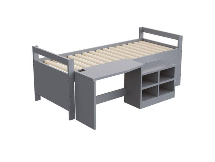 Lit enfant bois gris 90x200 cm avec rangements bureau et prises norme européenne
