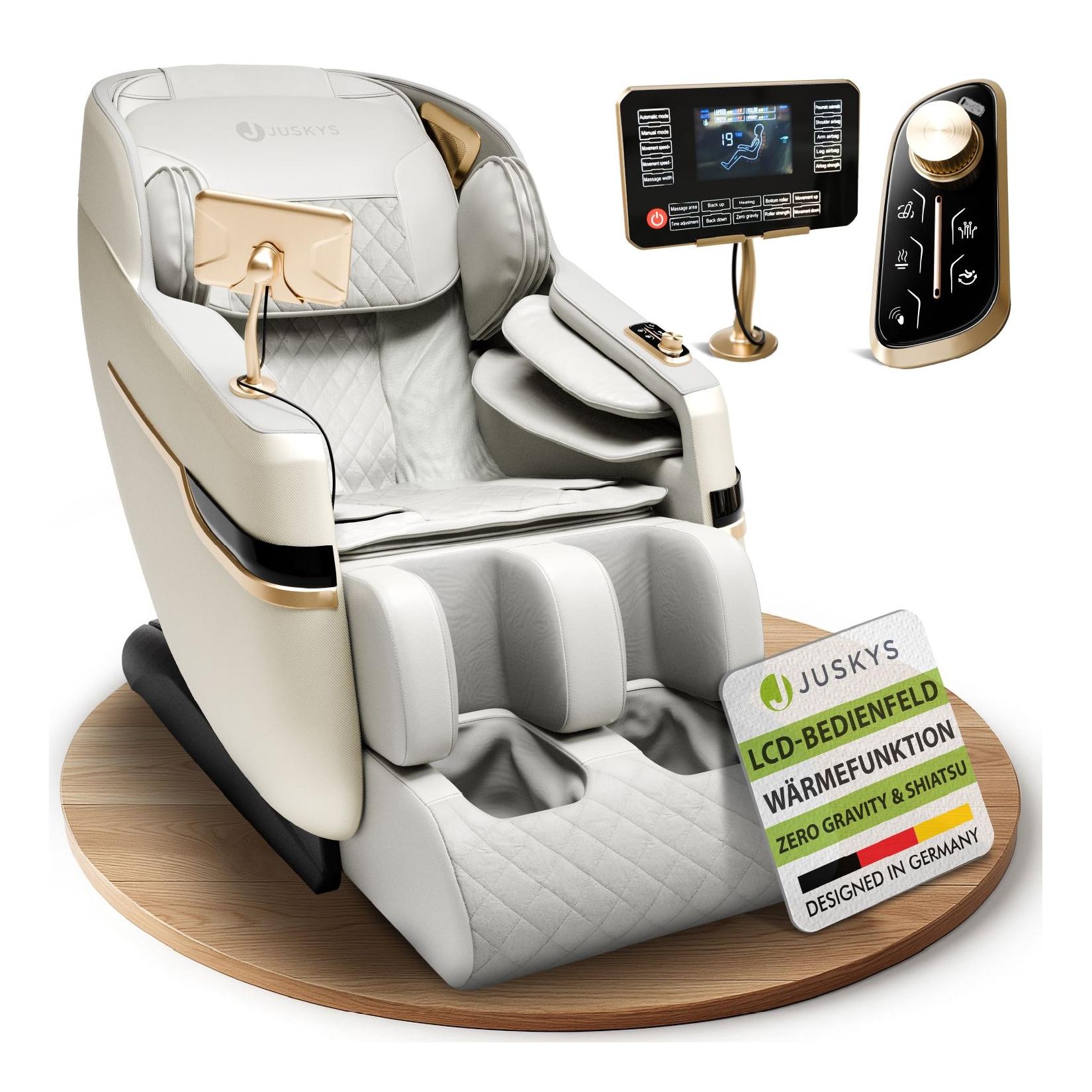 Juskys Massagesessel Naxos mit LCD-Bedienung, Bluetooth, USB & Heizung – Weiß/Hellgrau