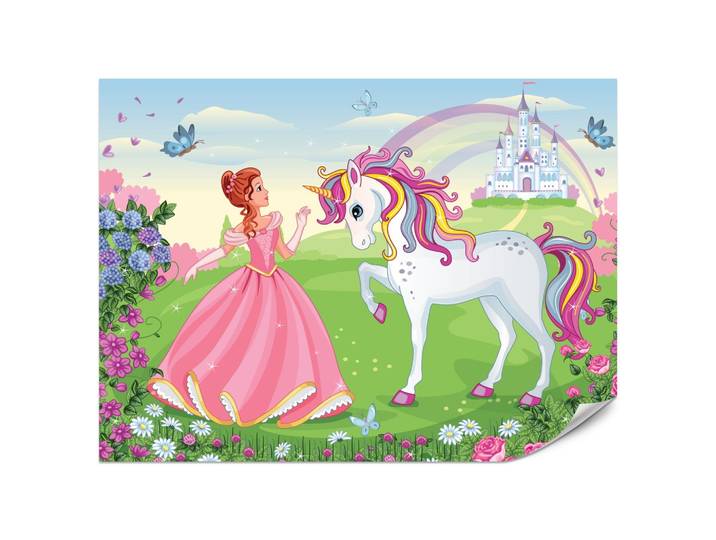 FOTOTAPETE für Kinderzimmer Prinzessin Einhorn Schloss Blumen 200x140