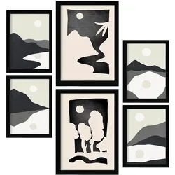 POSTER Set Mit 6 Mitternachtsmond In Kulissen Abstracts Ästhetische Dekorative Gemälde Für Ihr Wohnzimmer Zuhause A3 & A4 Schwarzer Rahmen