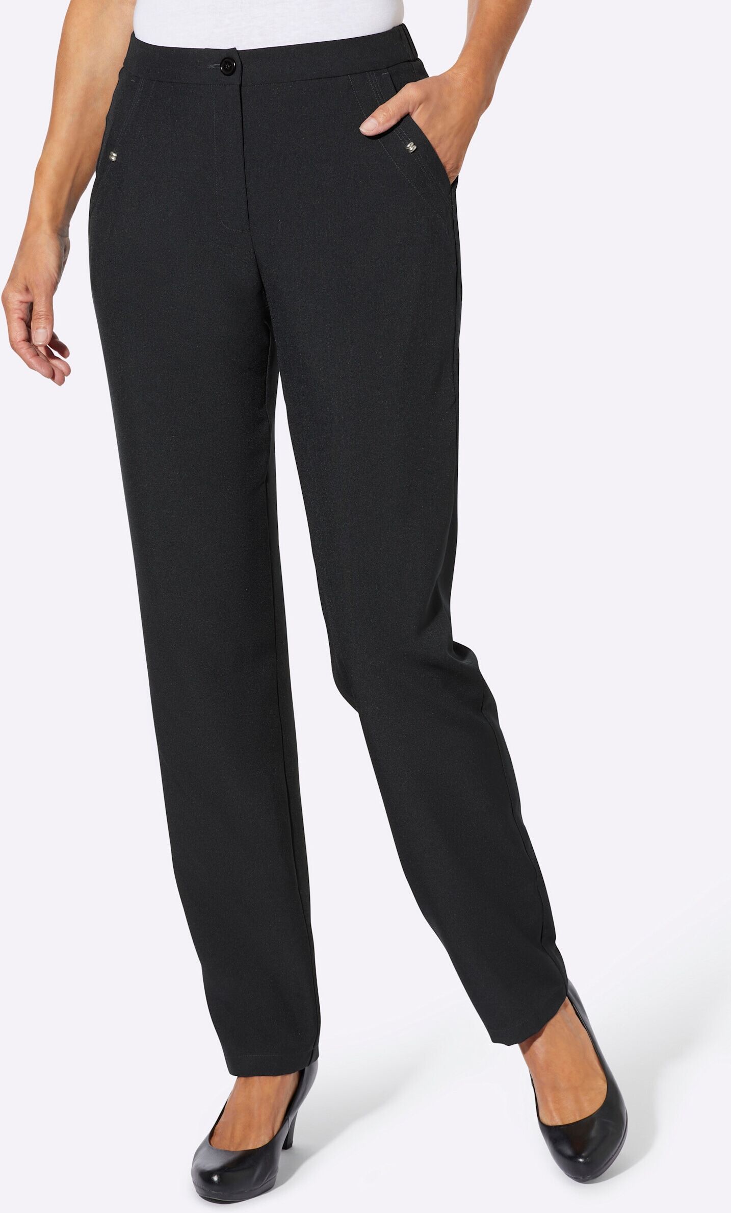 Sieh An! Stoffhose SIEH AN "Hose Hose mit Zierelement an den Taschen", Damen, Gr. 46, schwarz, Web, Stoff, , Basic, weit, Hosen Stoffhose