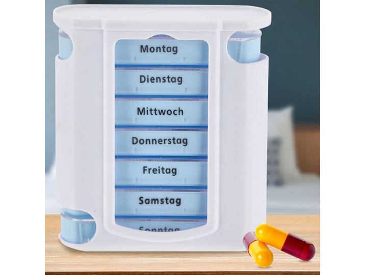 Pillenbox für 7 Tage, weiss/blau, Medikamentendose