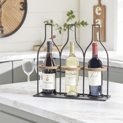 ARCILLA ELEMENTAL Black Metal Bottle Shaped 3 Bottle Kitchen Wine Holder