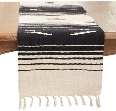 Saro Lifestyle Modern Woven Stripe Table Runner - Handwoven Textured Runner with Fringe Tassel Edges for Farmhouse Dining and Entertaining