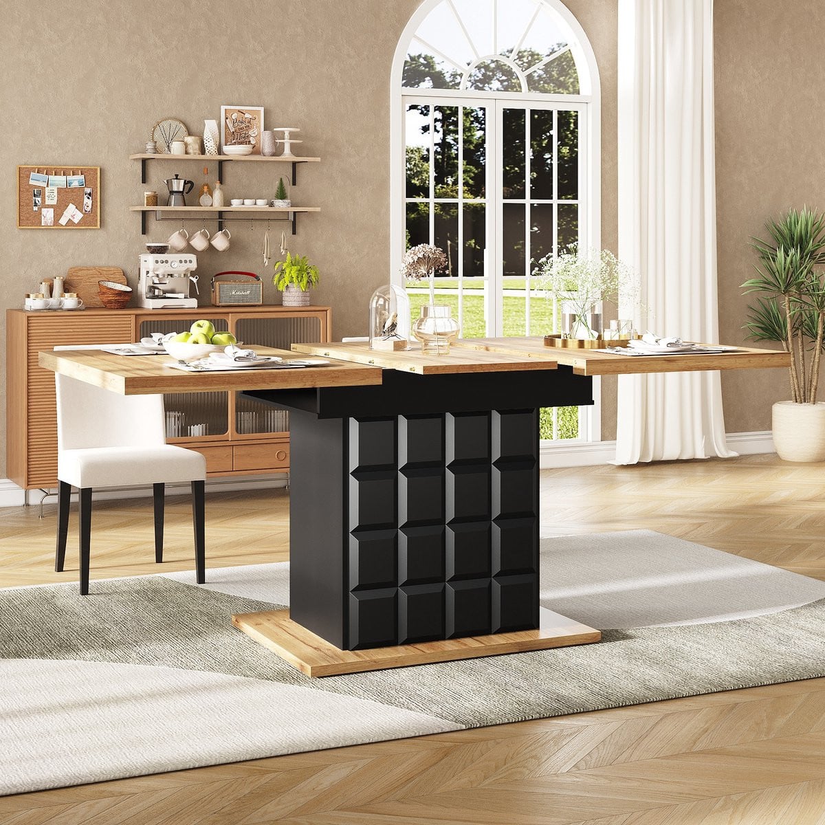 PHOEBE CAT Uitschuifbare Eettafel met opbergkast - Houtnerfafwerking - Zwart + Natuurlijk - 110-140 cm