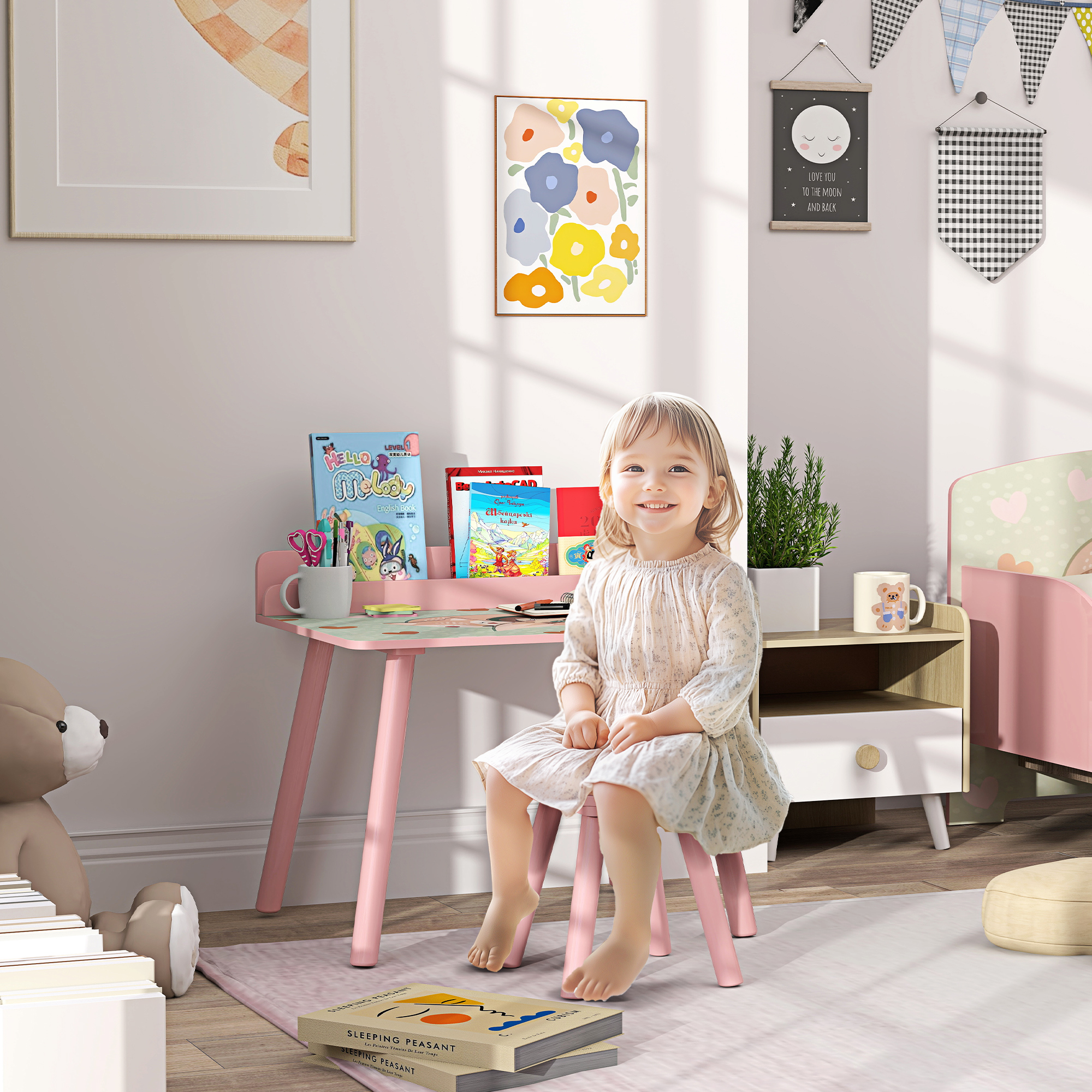 Aiyaplay Set Tavolo e Sedia per Bambini con Portalibri e Motivo Orsetto, Rosa   Aosom Italy