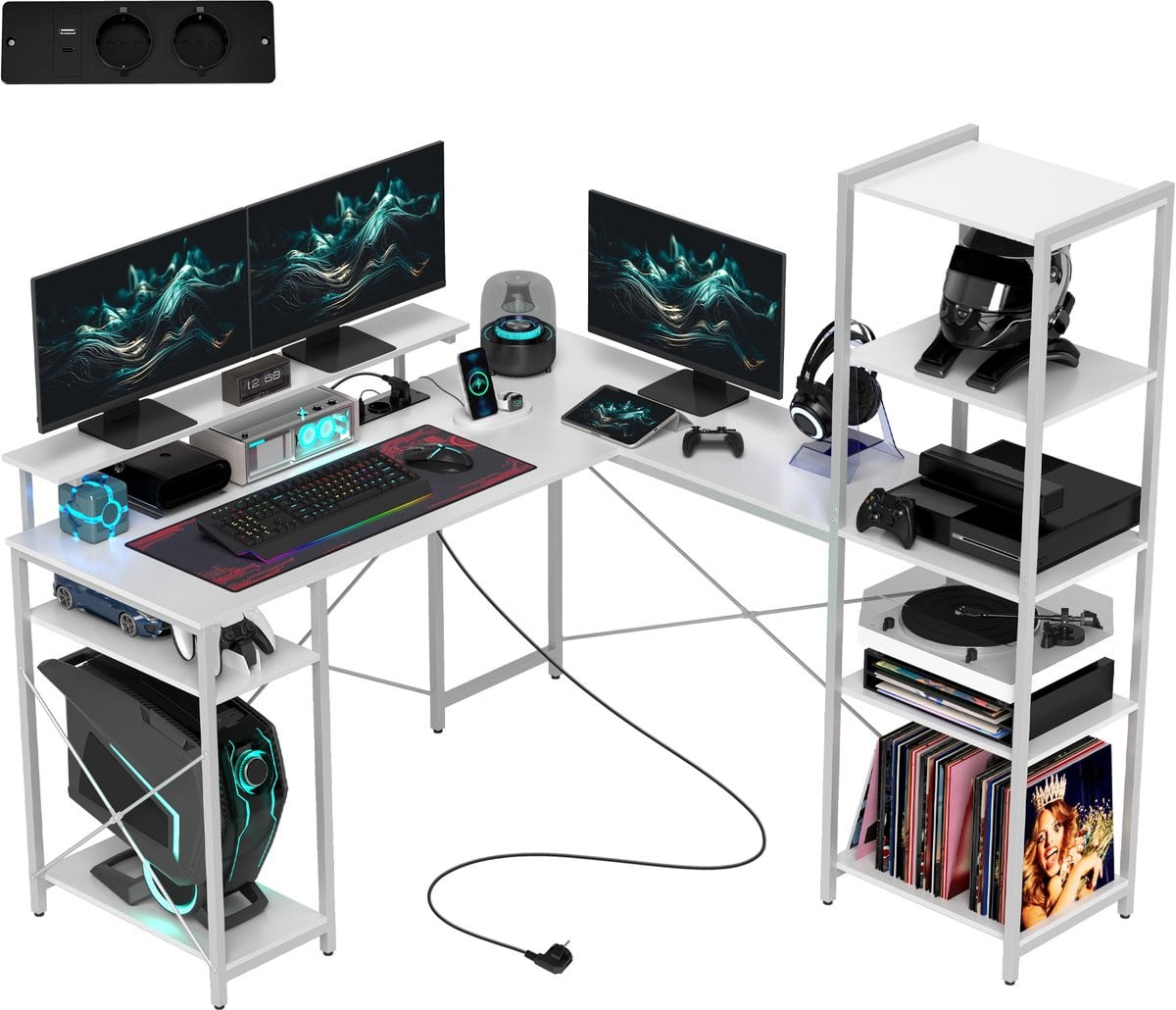 Ropilly Wit L-vormig Hoekbureau met Oplaadstation en Monitorstandaard