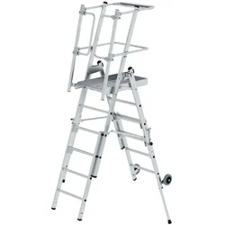 PROREGAL Plattformleiter FlexxStep | 4 Sprossen | mit Teleskopaufsatz plus 2 Sprossen & beidseitigem Handlauf | Aluminium | Rutschsichere Leiterschuhe