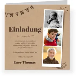 Einladungskarte 70. Geburtstag: Polaroid Trio mit Fotos in Kraft Look