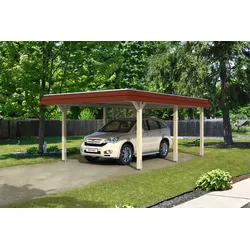 Carport Wendland 409x628 rote Blende, unbehandelt, 20mm Dachschalung mit EPDM Folie Holzcarport