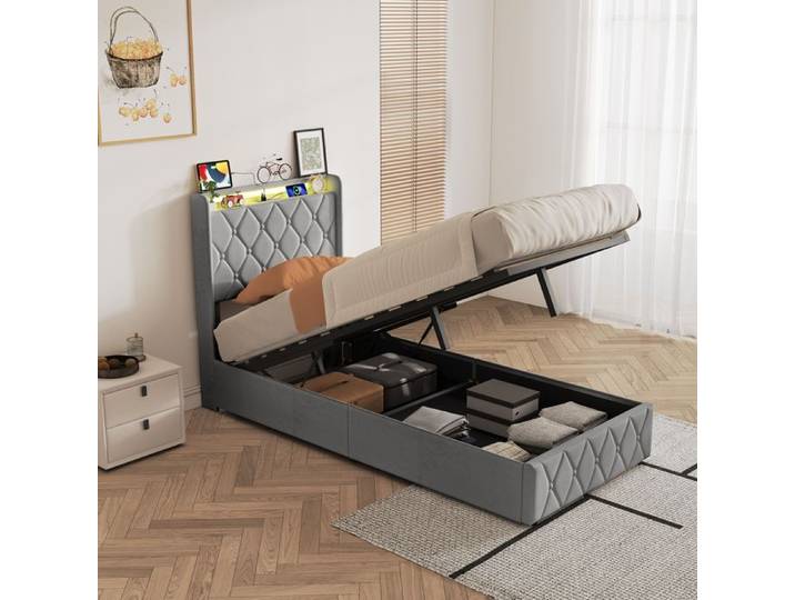 Lit coffre - URBANLUXE - Lit coffre simple 90x200 cm - Velours - Rangement hydraulique - LED intégrée
